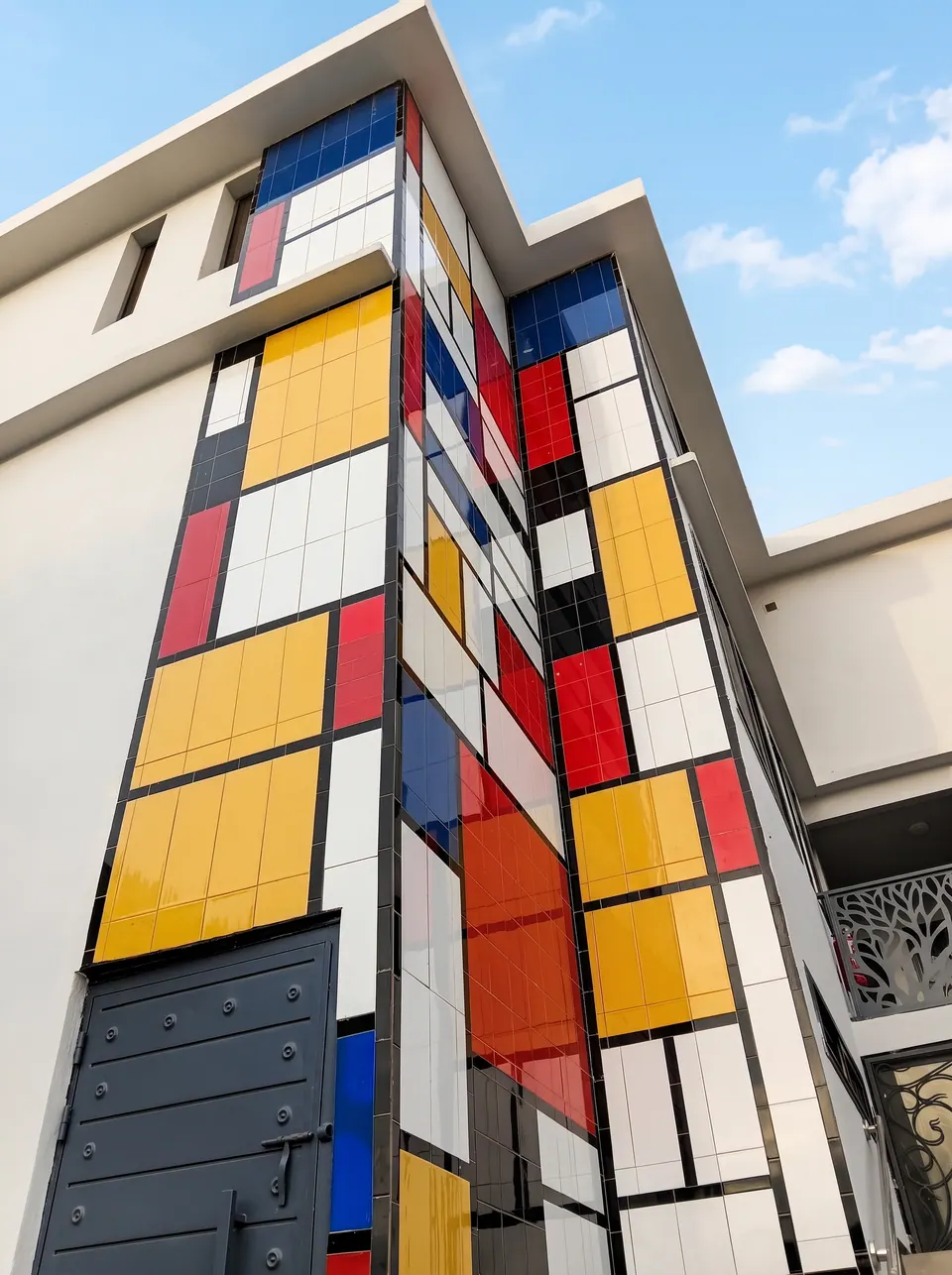 Contre-plongée sur une façade recouverte de carreaux jaunes, rouges, bleus et blancs séparés par des lignes noires, dans l'esprit des compositions de Mondrian