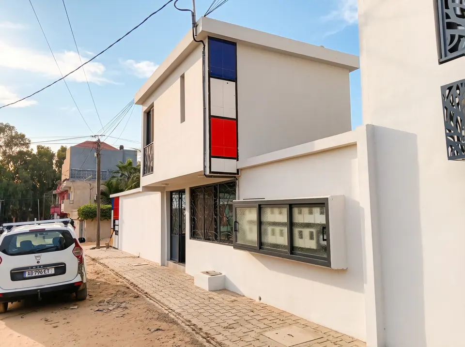 Façade de la résidence côté rue, ornée d'une bande de carreaux bleus, blancs et rouges